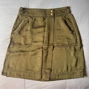 LOFT Olive Green Satin Wrap Skirt, Size 4 Petite, Buttons,‎ Front Bags.